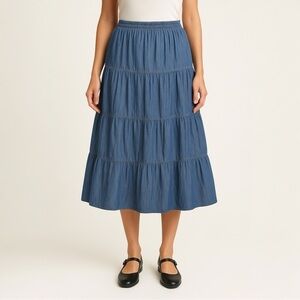 Tiered Beaded Chambray Denim Midi Skirt Size 12 Blue Cottage Boho Western